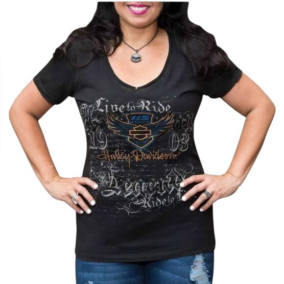 Harley Davidson Size S Live To Ride Rhinestone Bedazzled Tee Black AOP Bling - Picture 1 of 9